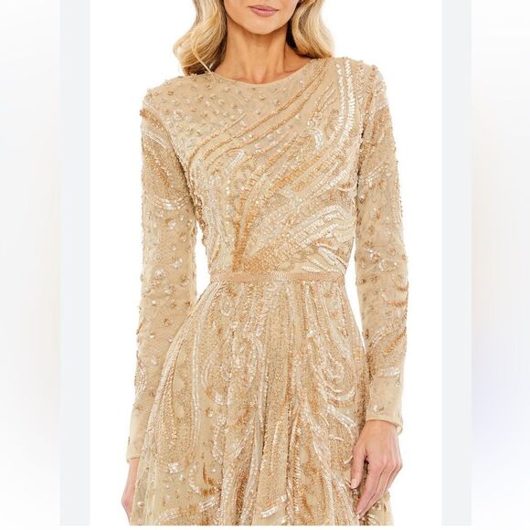 Mac Duggal 5572 dress beaded champagne midi long sleeve tulle cocktail gown 8 - Picture 3 of 9